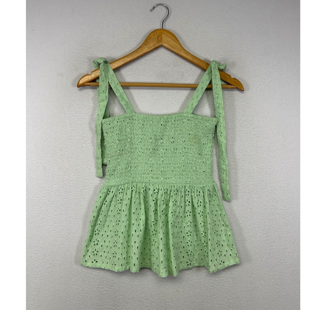Fairycore NWT Poof New York Women Small Mint Green Smocked Eyelet Peplum Tie Top